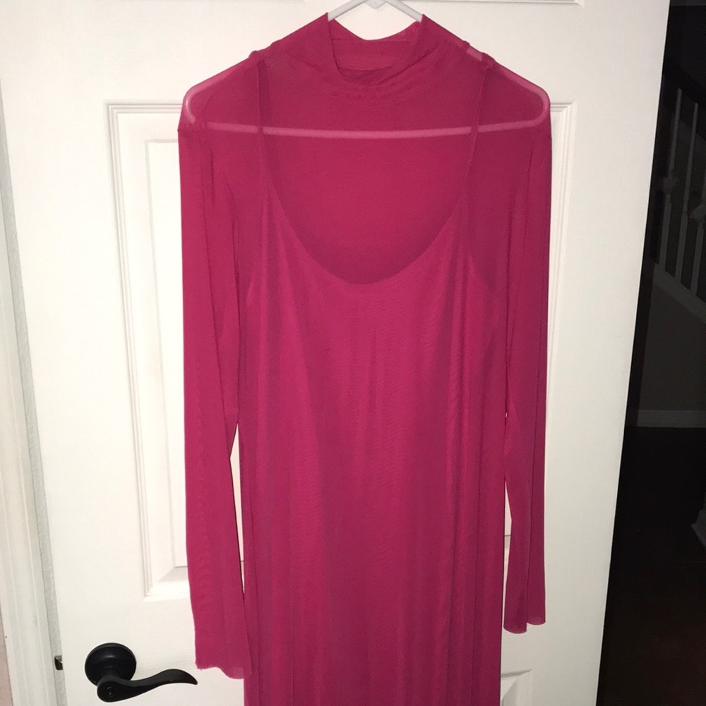 Women's Long Sleeve Pink Sheer Overlay Dress X-Large